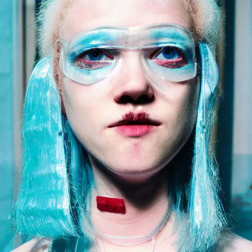 Image similar to a close - up risograph of cyberpunk albinism model girl wearing lots of transparent and cellophane accessories, light blue colors, huge earrings and queer make up, blue hour, trash style, oversaturated, hue - shifted, twilight, cool, portrait, crispy, full - shot, blue sky, kodachrome, photo by mayumi hosokura