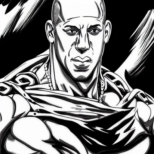 Image similar to Black and white manga drawing of Vin Diesel walking like a Italian model in JoJo style, highly detailed, sharp focus, anime, ArtStation, art by Hirohiko Araki