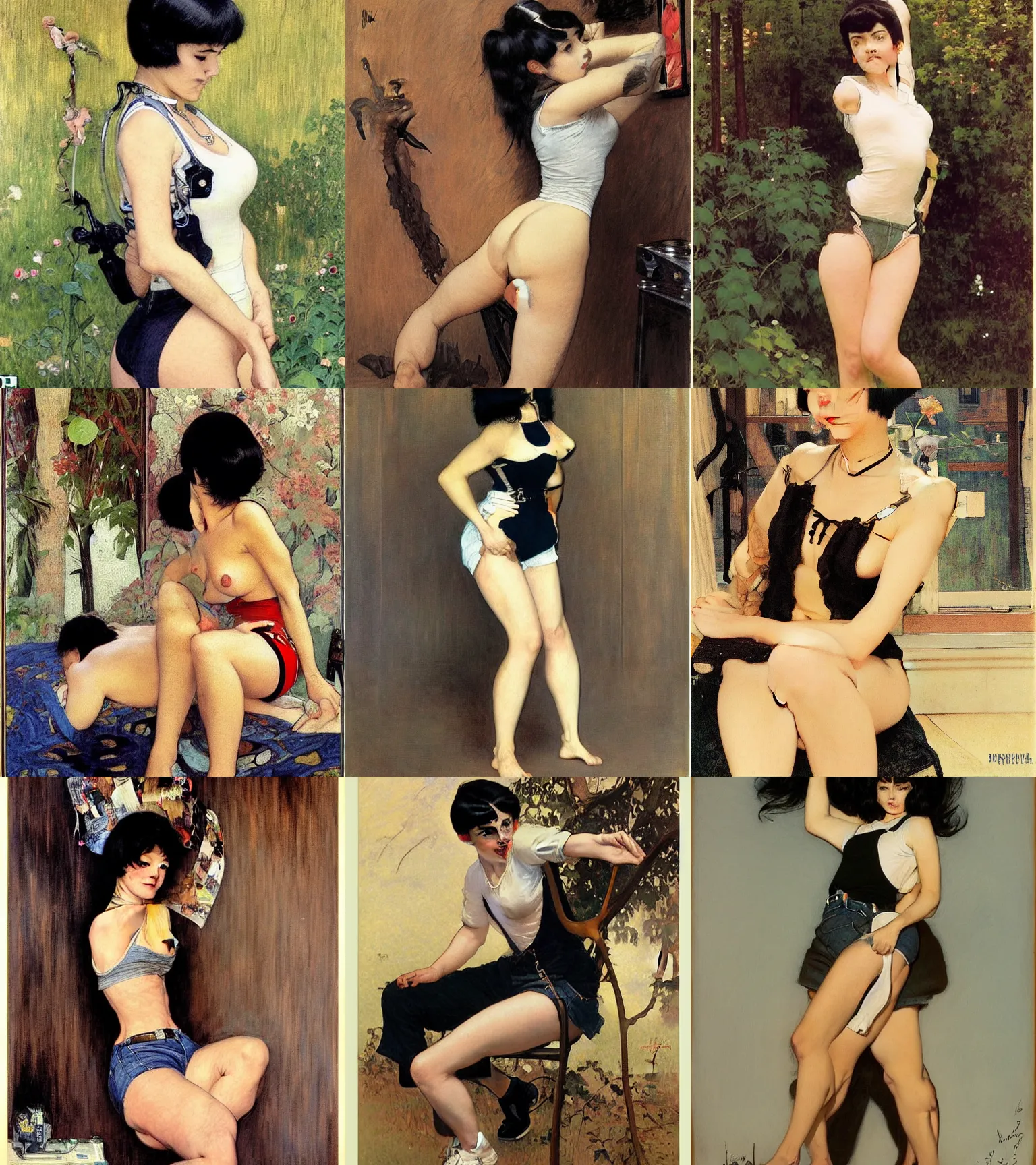 Prompt: a woman with black hair and long pixie haircut in shorts with suspenders and white t-shirt drawn by frank frazetta, gustave caillebotte, Alexandre Cabanel, norman rockwell, ralph bakshi, maler collier, hajime sorayama, alphonse mucha, gustav klimt 4k, unreal 5, DAZ, french noveau, trending on artstation, octane render, hyperrealistic