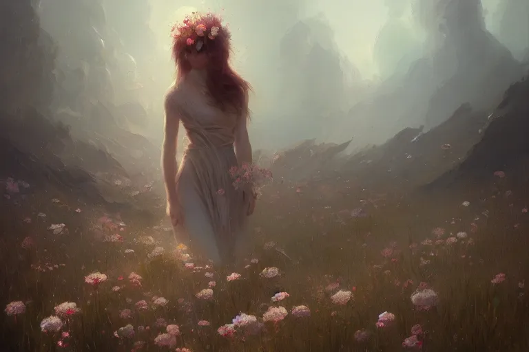 Image similar to a beautiful painting of the sea of flower, girl, by greg rutkowski, trending on artstation