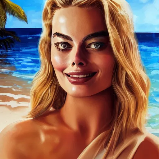 Image similar to a portrait of margot robbie holding a coctail on the beach, beautiful face, highly detailed, digital art