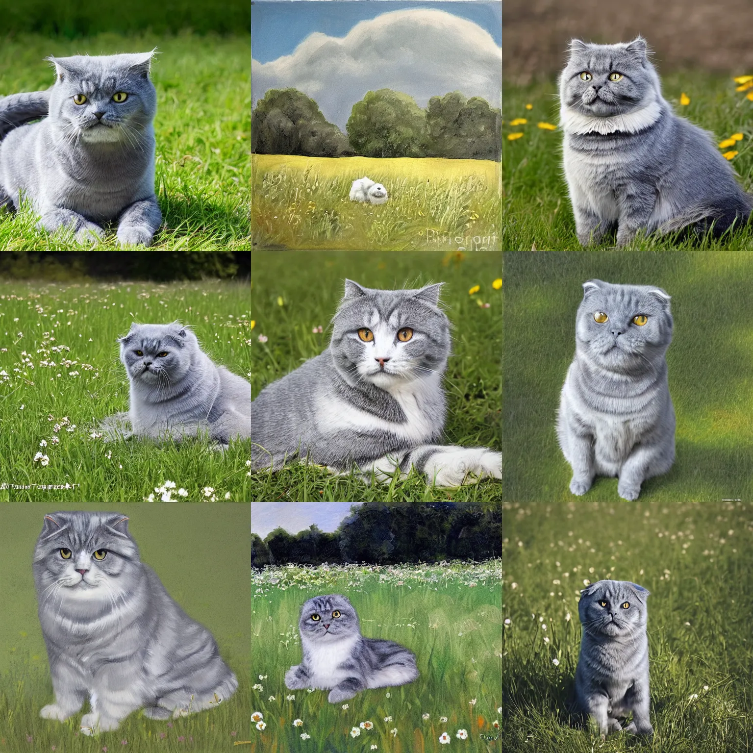 Prompt: a gray scottish fold sitting in the middle of sunny meadow, by georg tappert