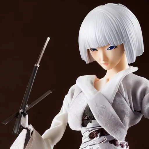 Image similar to a japanese princess young lady, with white hair and bangs!!!! beauty, action figure, well lit, studio light, painted action figure, toy advertisement