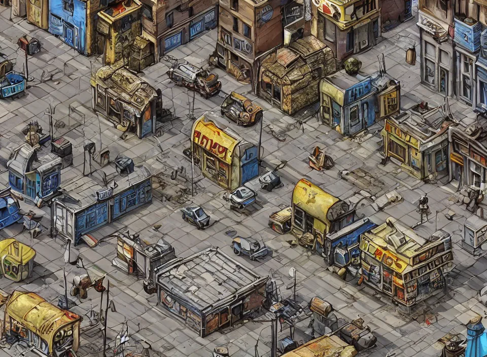 Image similar to Screenshot of a Polish city street in Fallout 2 (1998), isometric perspective, postapocalyptic, bird's eye view, prerendered isometric graphics, high quality