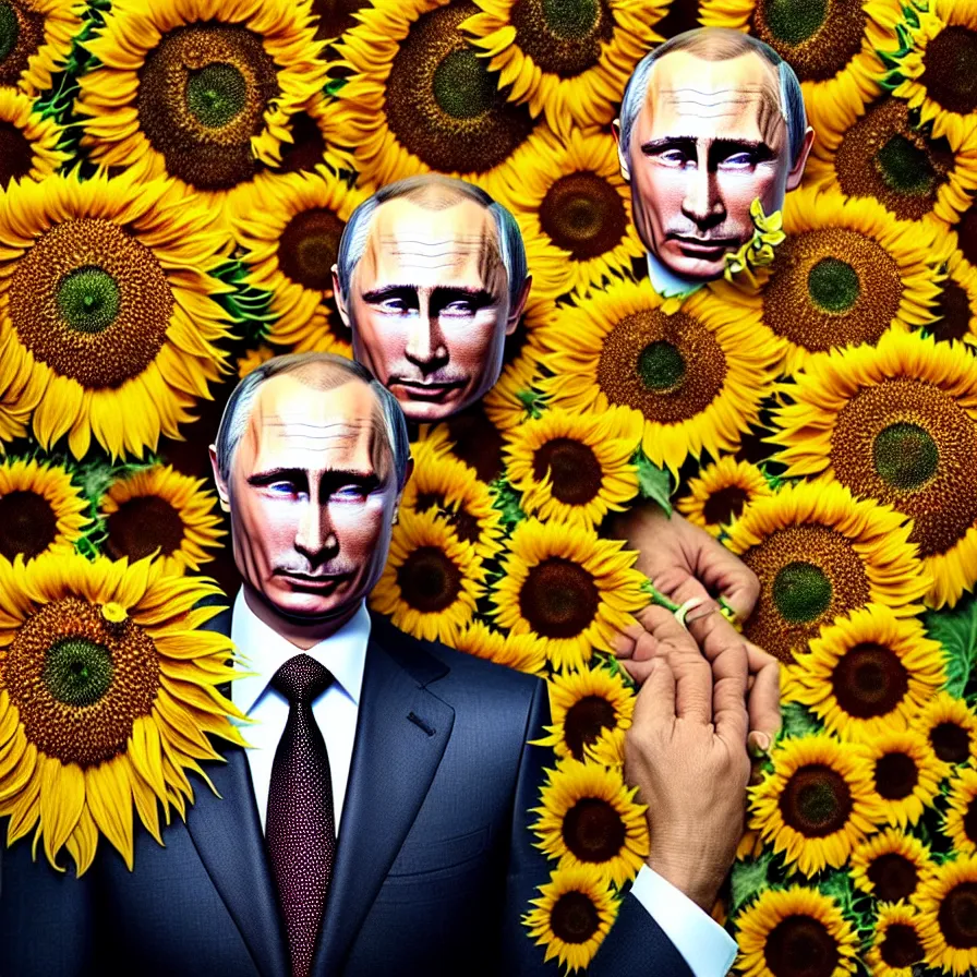 Prompt: photo portrait of Vladimir Putin - sunflowers - dressed in suit with intricate ornamental sunflower and tombstone for a tie, natural skin tone, highly detailed realistic flowers ornament in the upper side of breast, hair and wrinkles are intricate with highly detailed realistic flowers, elegant, Realistic, Refined, Highly Detailed, natural soft pastel lighting colors scheme, fine art photography by Cecil Beaton, volumetric lighting, hyper realistic photography