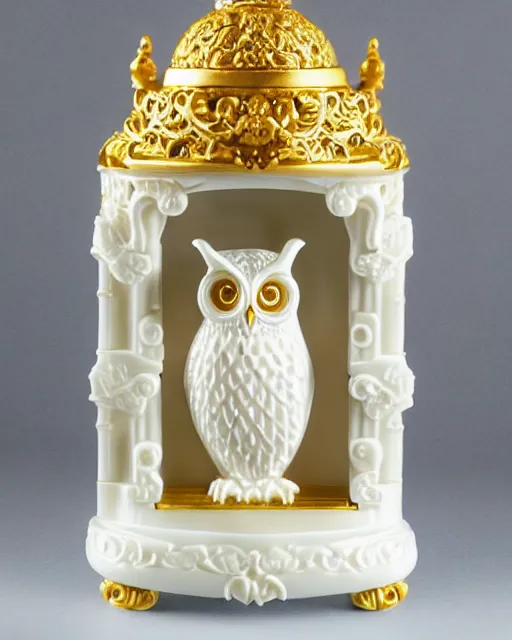 Prompt: royal ornate snow white porcelain realistic detailed owl sanctuary stronghold fortess with golden filigree carved out of ivory