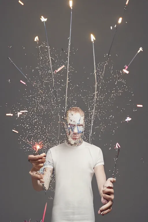 Image similar to margiela campaign featuring artist ben schumacher blowing out all the candles on the birthday cake, sparklers, realistic vfx simulation