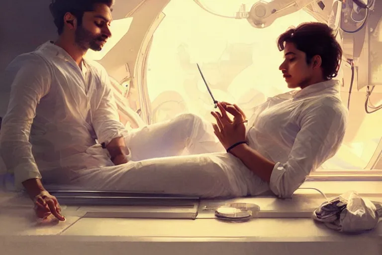 Image similar to Sensual good looking pale young Indian doctors wearing jeans asleep in a space station above Earth performing surgery, portrait, elegant, intricate, digital painting, artstation, concept art, smooth, sharp focus, illustration, art by artgerm and greg rutkowski and alphonse mucha