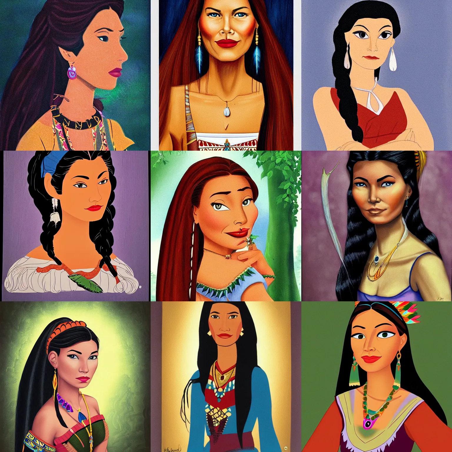 Prompt: beautiful woman portrait, in style of Pocahontas (1995)