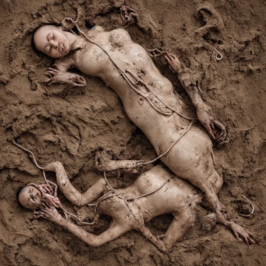 Prompt: overhead view a woman's corpse connected by an umbilical cord to a baby buried under sand, mud and rusty pipes, faded, depth of field,, ultra realistic, very detailed, by hans bellmer and nadav kander, 8 k hyper realistic detailed cinematic still