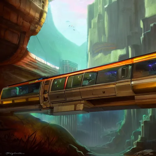 Image similar to a beautiful matte painting of a scifi monorail, tunnel below cybercity, by tyler edlin, trending on artstation