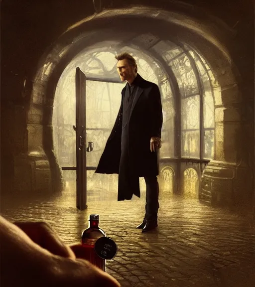 Image similar to liam neeson inside a gin bottle. magical atmosphere. art by greg rutkowski. lifelike. very detailed 8 k. intricate. soft light. nikon d 8 5 0.