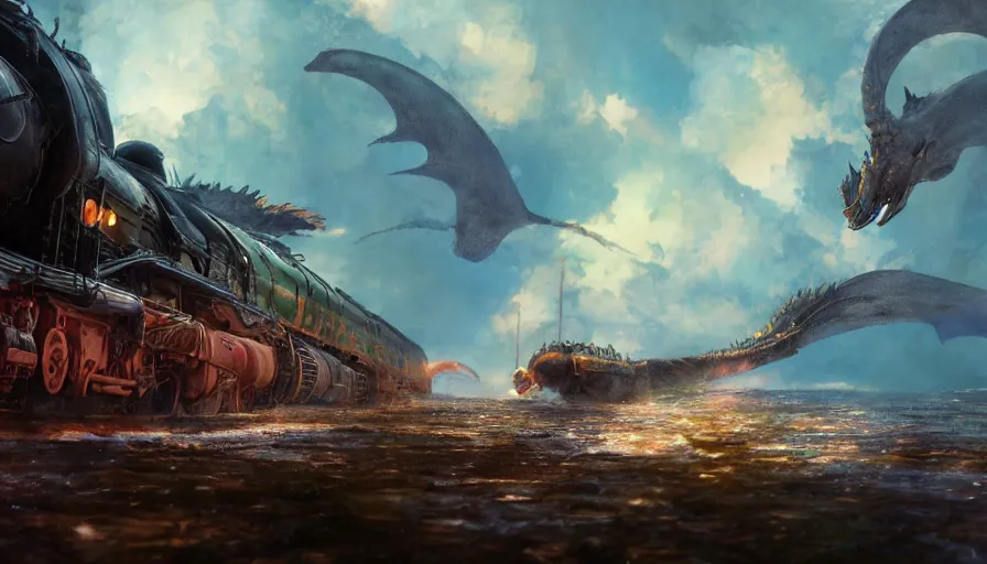 Image similar to craig mullins and ghibli digital illustration of a long train dragon in deep ocean unreal engine, hyper realism, realistic shading, cinematic composition, realistic render, octane render, detailed textures, photorealistic, wide shot