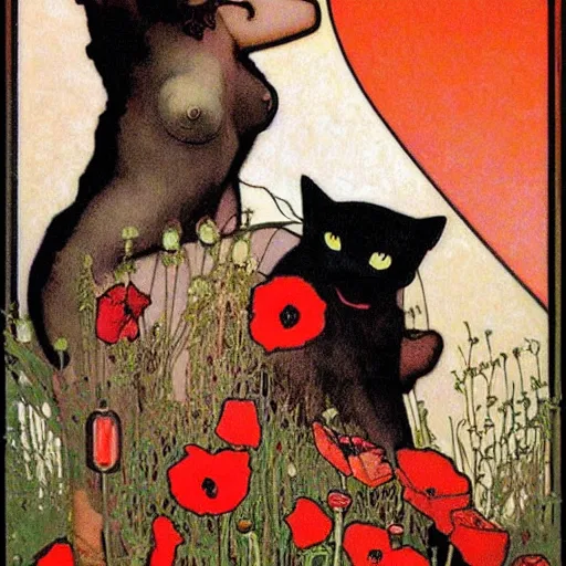 Image similar to a masterpiece painting by mucha exposed at the louvre : black cat taking the sun in a poppy field with a red sunset in the background, very detailled, crisp details, featured in artscape