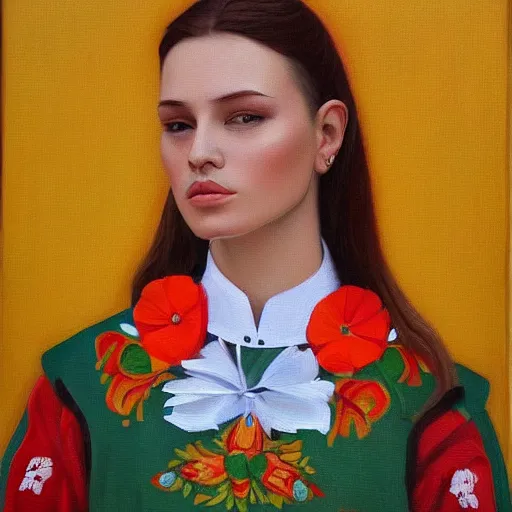 Image similar to hyperrealism oil painting, portrait of ukrainian model in traditional vyshyvanka shirt