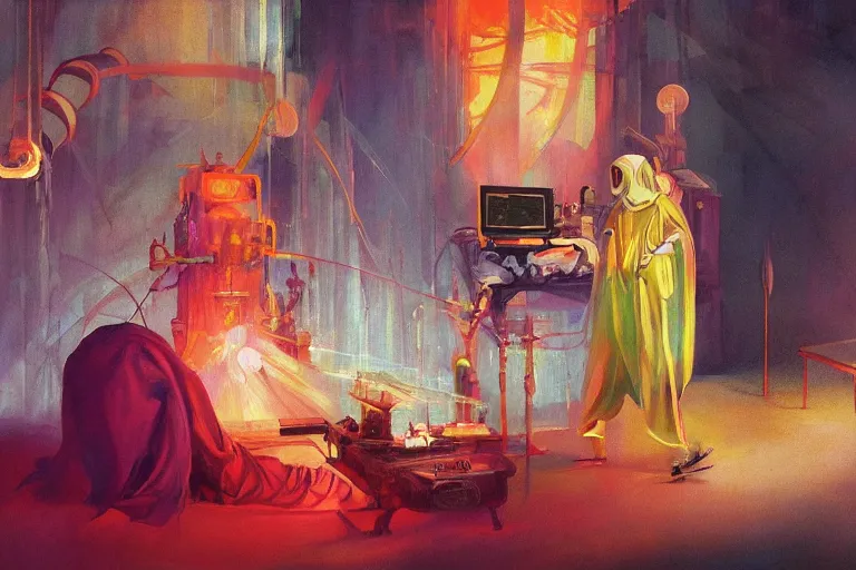 Prompt: A beautiful masterpiece painting of a technomancer wizard in robes with pointed hood discussing sentience with his synthesized Al djinn in his laboratory near a computer (by Remedios Varo and Anato Finnstark and Greg Rutkowski), (dayglo pink, dayglo blue, dazzle camouflage), 8k, trending on ArtStation