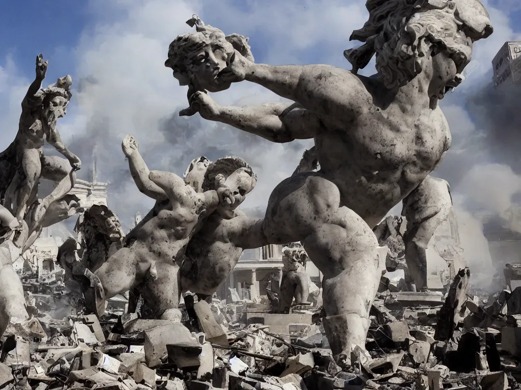 Image similar to giant greek statues attacking a city, ciry destruction ruins, debris flying around, swirls of fire