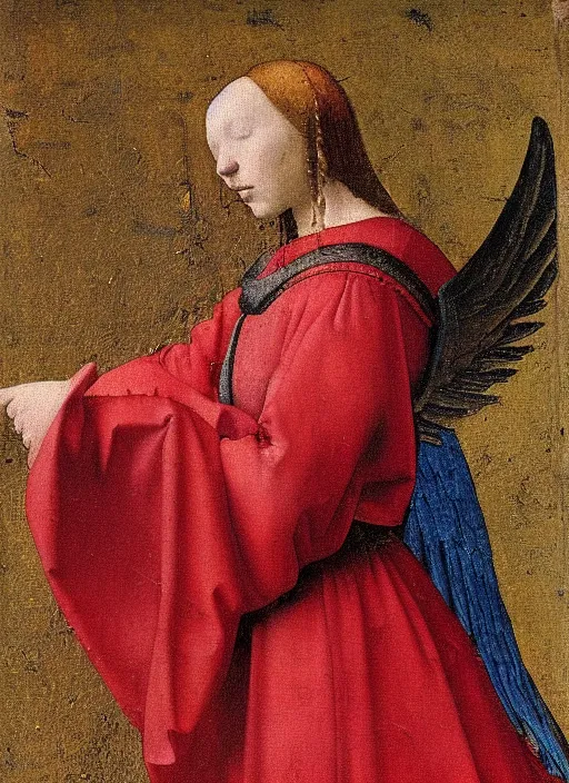 Image similar to Flying Fallen Angel with wings dressed in red, Medieval painting by Jan van Eyck, Johannes Vermeer, Florence