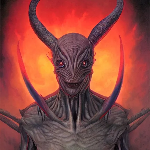 Prompt: realistic alien with horns. red eyes, human eyes, background flames, by wayne barlowe