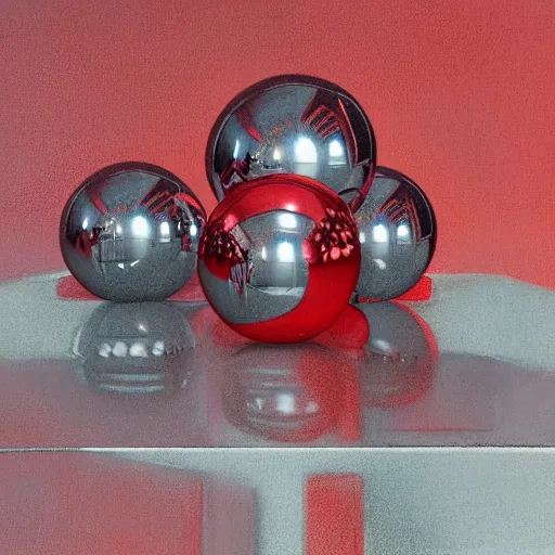 Prompt: chrome spheres on a red cube by miles johnston