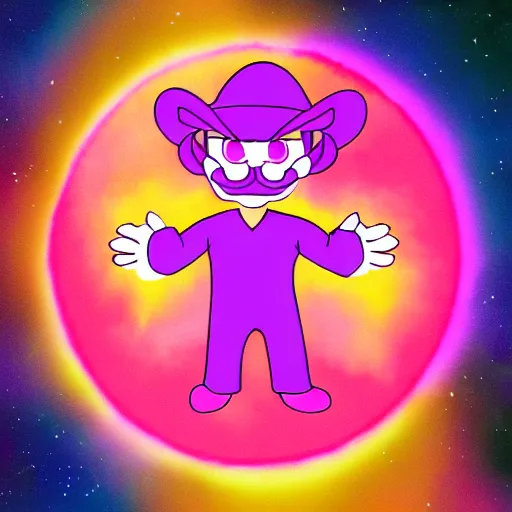 Prompt: 8 0 s new age album cover depicting a fluffy pink cloud in the shape of waluigi, very peaceful mood