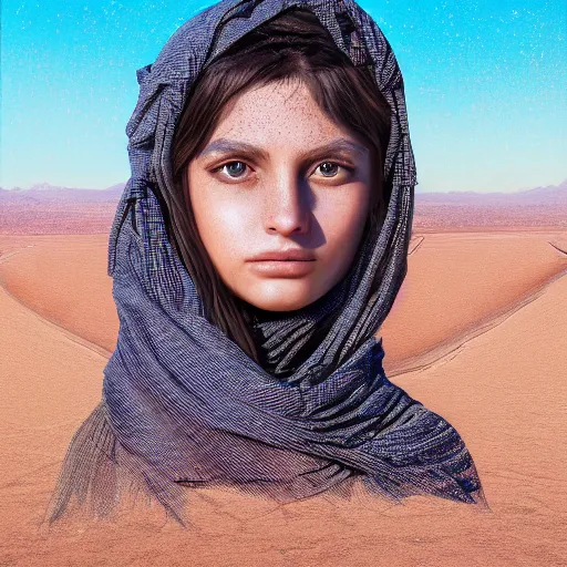 Image similar to a detailed portrait of a girl in the desert, art illustration, incredibly highly detailed and realistic, 8 k, sharp focus