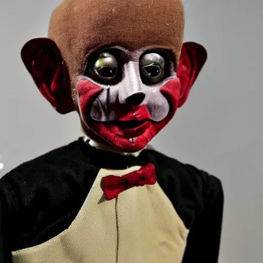 Image similar to scary looking cursed ventriloquist dummy for sale in thrift store