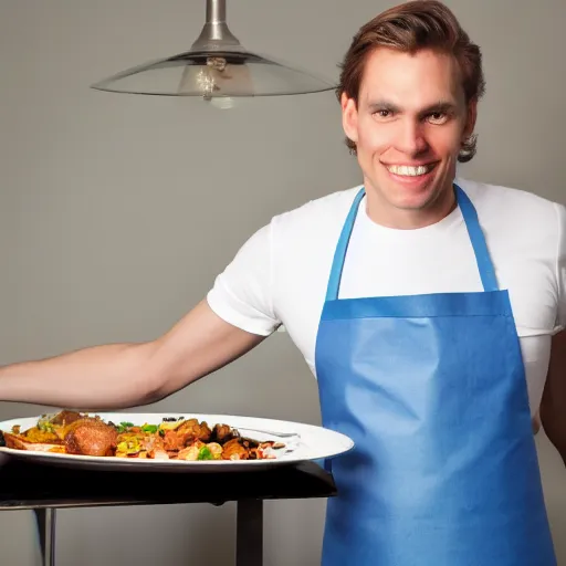 Prompt: photograph of jerma 9 8 5 wearing an apron, showing you a disgusting plate of food. 4 k