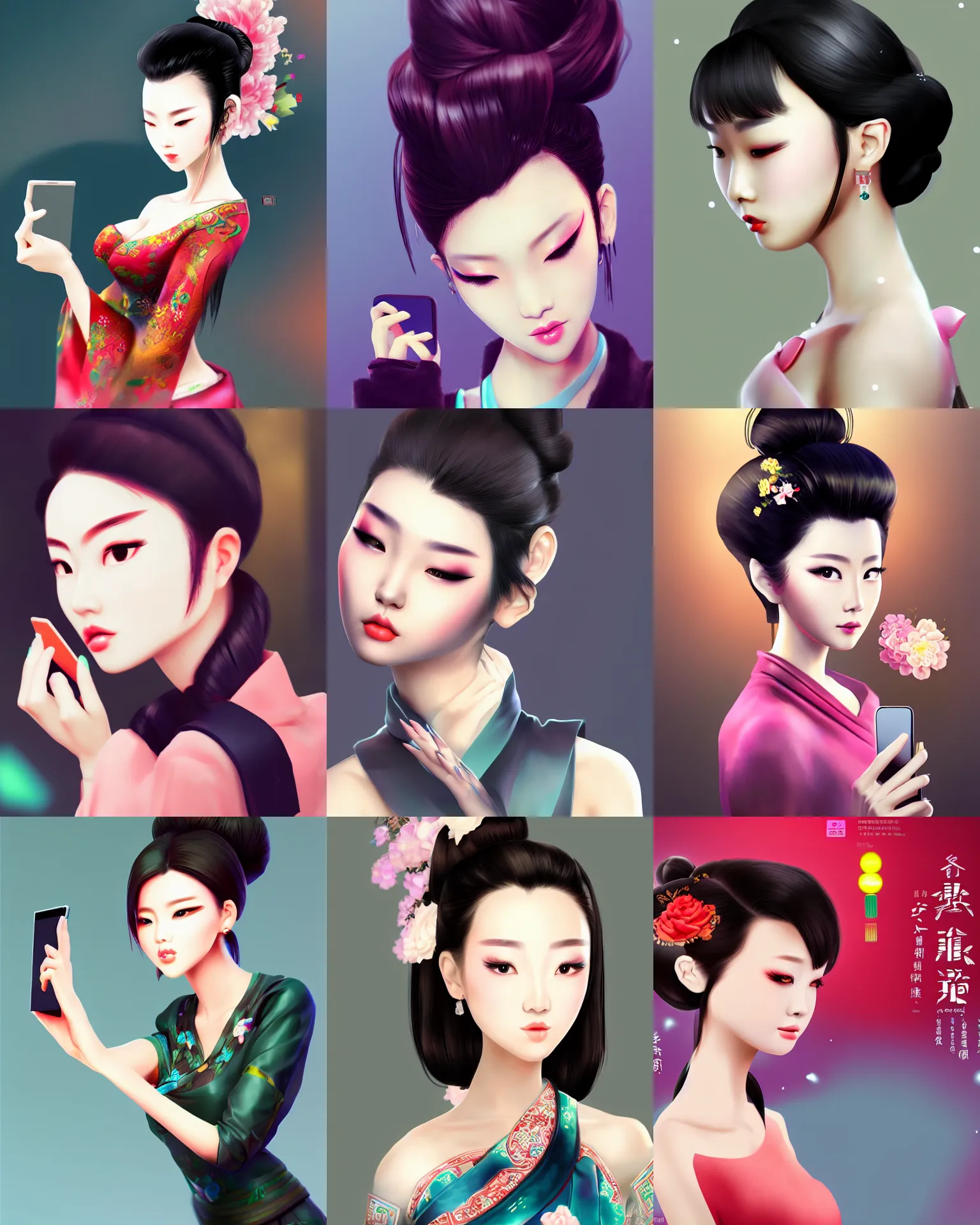 Prompt: chinese beauty with updo using mobile phone facing the computer display, full body, wide angle lens, bokeh, artstation