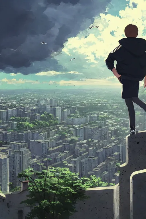 Image similar to sad gopnik boy in black adidas sportswear squating фand looking atop of a urban plateau filled with soviet residential buildings, summer, dreamy, beautiful clouds, birds in the sky, ultra detailed, beautiful lighting, wallpaper, cityscape, beautiful artwork by makoto shinkai