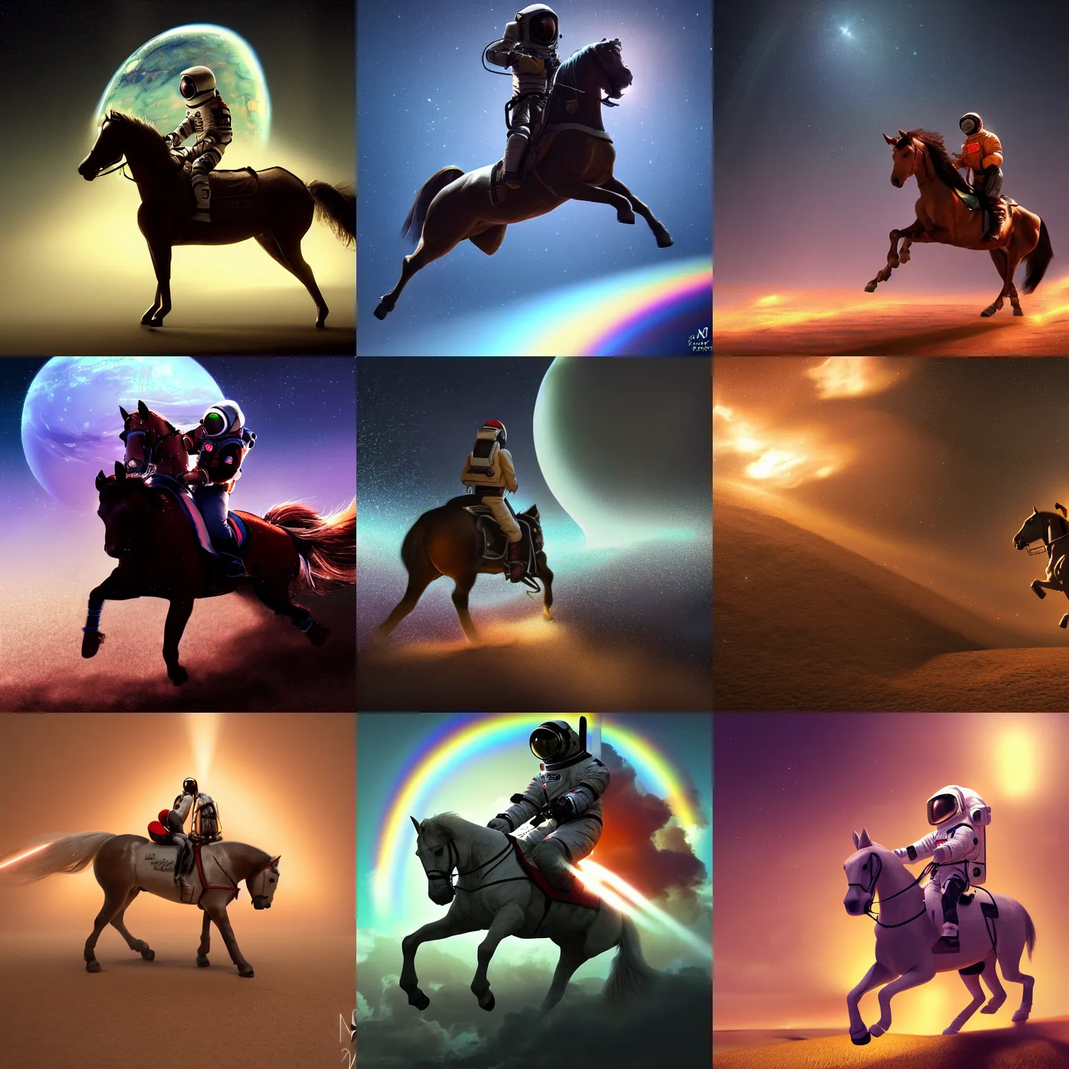 Prompt: cinematic lighting of a rendered image of an astronaut riding a horse by nick silva, trending on art station, rainbow