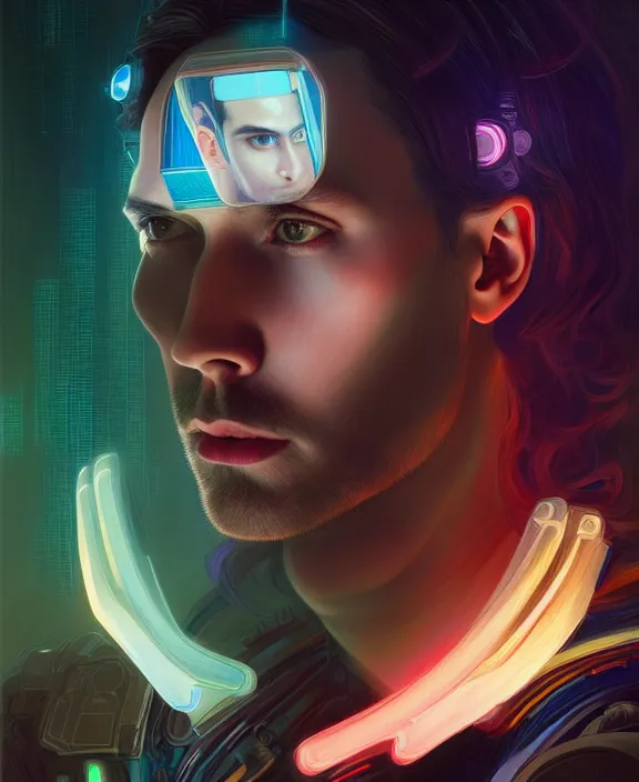 Image similar to a whirlwind inside the metaverse, guy, male, man, hologram, half body, neurochip, android, cyborg, cyberpunk face, by loish, d & d, fantasy, intricate, elegant, highly detailed, colorful, digital painting, artstation, concept art, art by artgerm and greg rutkowski and alphonse mucha