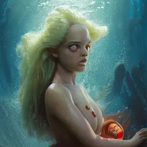 Image similar to doc brown as arielle the mermaid in water, deep sea, studio ghibli, disney animation, sharp, anime key art by greg rutkowski, bloom, dramatic lighting