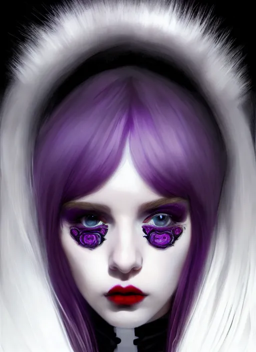 Image similar to portrait of white teenage girl, normal face, white bangs, mall goth, cyberlox, black and white hair, bangs, fluffy bangs, red contact lenses, purple lipstick, intricate, elegant, highly detailed, digital painting, artstation, concept art, sharp focus, smooth, illustration, art by wlop, mars ravelo and greg rutkowski