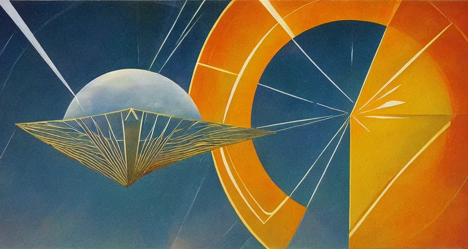 Image similar to solar sail, floating in space between the sun and earth, art deco painting