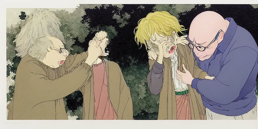 Prompt: a hyperrealist studio ghibli watercolor fantasy concept art of todd solondz crying. by rebecca guay, michael kaluta, charles vess