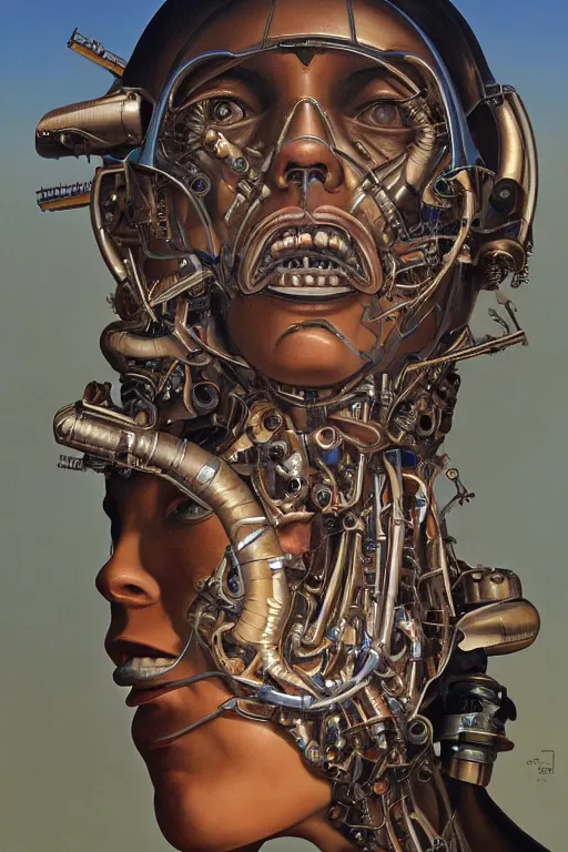 Image similar to beautiful oil painting portrait of biomechanical woman face connected to the machine by chesley bonestell, wayne barlowe, complex, stunning, realistic skin color, 4 k, high res, awardwinning, masterpiece, realistic lighting
