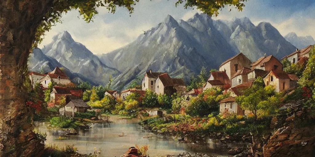 Image similar to very very very beautiful painting of a village between mountains