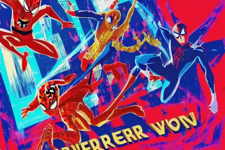 Image similar to anime key visual concept art screenshot, in style of, spider - man into the spider - verse ( 2 0 1 8 ), golden rays, by alberto mielgo, 6 0's french movie poster, french impressionism, vivid colors, palette knife and brush strokes, anaglyph, fish eye lens