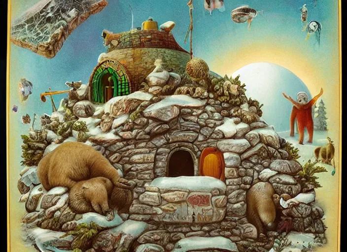 Image similar to an igloo with a chimney, walrus, polar bear, sleigh dogs, fish, giraffe, lowbrow in the style of mark ryden and ernst haeckel,