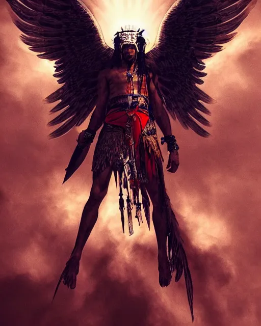 Prompt: a south american indigenous warrior with angelic wings, by tsuyoshi nagano, by greg rutkowski, dramatic lighting, blood, god rays, angelical, symmetrical, intricate, detailed, cinematic, masterpiece, extreme details, ray tracing