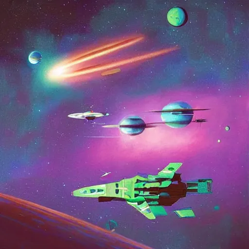 Prompt: a beautiful photograph of a space battle with wild, bright colors. by scott listfield accurate