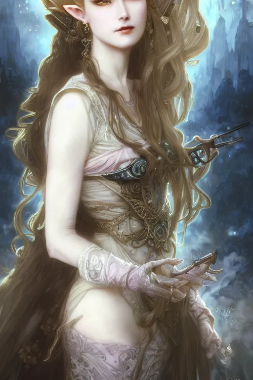 Image similar to beautiful and victorian and luxury and gothic princess Zelda portrait like smoky eyes+front face with light flowing hair, ultradetail face, art and illustration by tian zi and craig mullins and WLOP and alphonse mucha, fantasy, intricate complexity, human structure, human anatomy, fantasy character concept, watermark, blurry, hyperrealism 8k