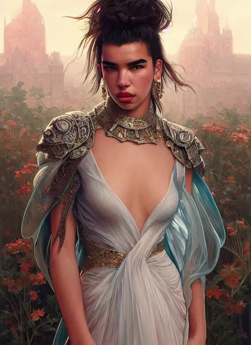 Image similar to dua lipa, wearing a semi transparent dress, deep focus, d & d, fantasy, intricate, elegant, highly detailed, digital painting, artstation, concept art, matte, sharp focus, illustration, hearthstone, art by artgerm and greg rutkowski and alphonse mucha