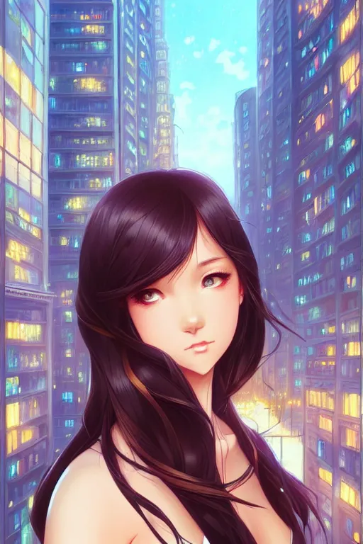 Image similar to a beautiful girl with long dark hair, city background, intricate, highly detailed, digital painting, artstation, official media, anime key visual, concept art, rich vivid colors, ambient lighting, sharp focus, illustration, art by Artgerm, Makoto Shinkai, Ilya Kuvshinov, Lois Van Baarle, and Rossdraws