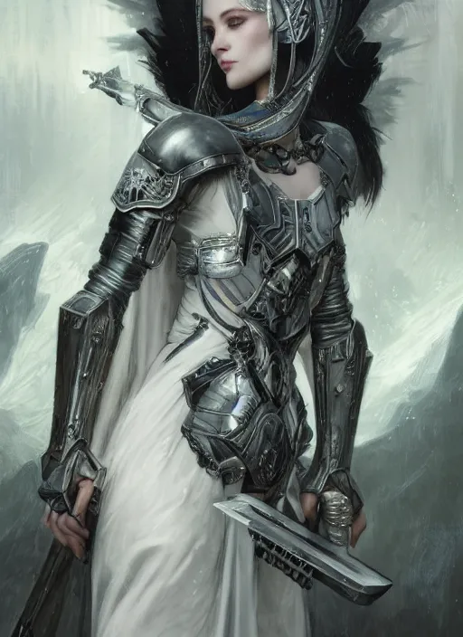 Prompt: portrait of beautiful pale gothic sister of battle, white hairs, warhammer 4 0 0 0 0, cyberpunk, intricate, elegant, highly detailed, digital painting, artstation, concept art, smooth, sharp focus, illustration, art by nikolai fechine and artgerm and greg rutkowski and alphonse mucha and gustav klimt