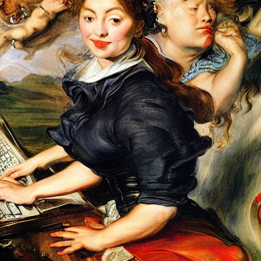 Image similar to heavenly summer sharp land sphere scallop lady working at a computer auslese, by peter paul rubens and eugene delacroix and karol bak, hyperrealism, digital illustration, fauvist