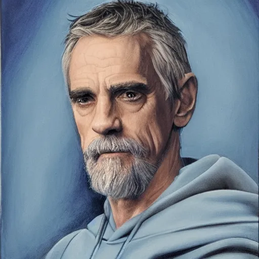 Prompt: portrait powerful blue wizard Jeremy Irons wearing navy blue hoodie brandishes a blue electricity orb elina brotherus greg rutkowski lucas cranach the elder mark rothko tombow