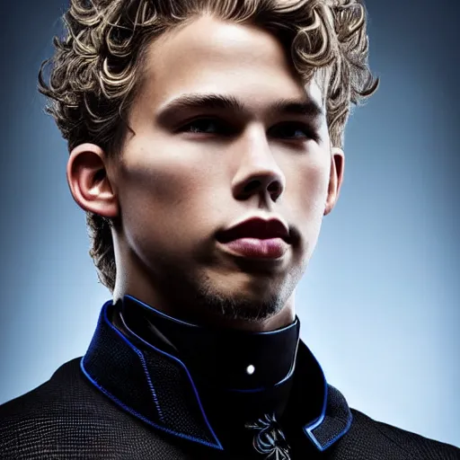 Image similar to medium face shot of adult Austin Butler !!!!with exposed head!!!!, dressed in black-prussian blue futuristic-tudoresque clothing with Harkonnen-Ram-embroidery, and nanocarbon-vest, in an arena in Dune 2021, XF IQ4, f/1.4, ISO 200, 1/160s, 8K