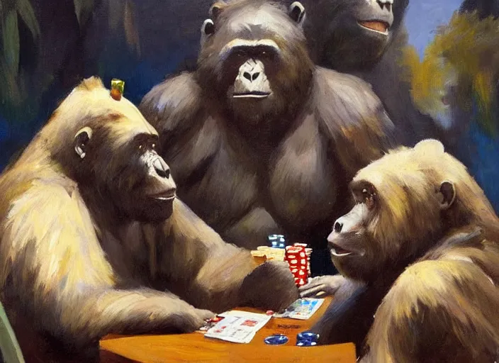 Image similar to gorrila and a bear playing poker, highly detailed beautiful, by gregory manchess, james gurney, james jean